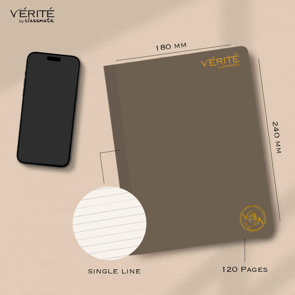 Verite by Classmate | Lay Flat Notebook | Taupe Brown | Size 240 X 180 | Single Line | 120 Pages
