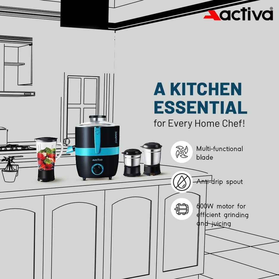 Activa Juicomatic Powerful 600 Watt Juicer Mixer Grinder,3 Jar, 600 Watts - Black