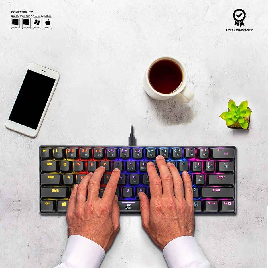 Ant Esports Mk1200 Mini Wired Mechanical Gaming Keyboard With Rgb Backlit Lighting - Red Switch