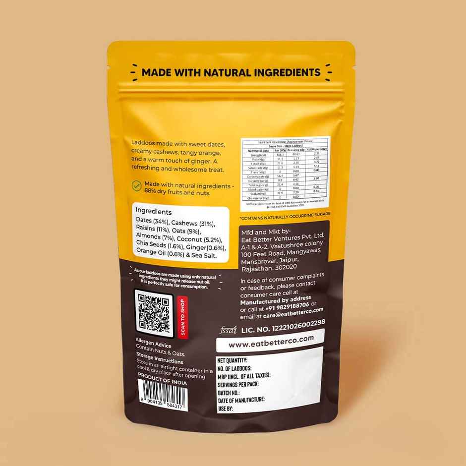 Eat Better Co - Orange & Ginger Laddoos - No Added Sugar - High Protein, 100% Natural