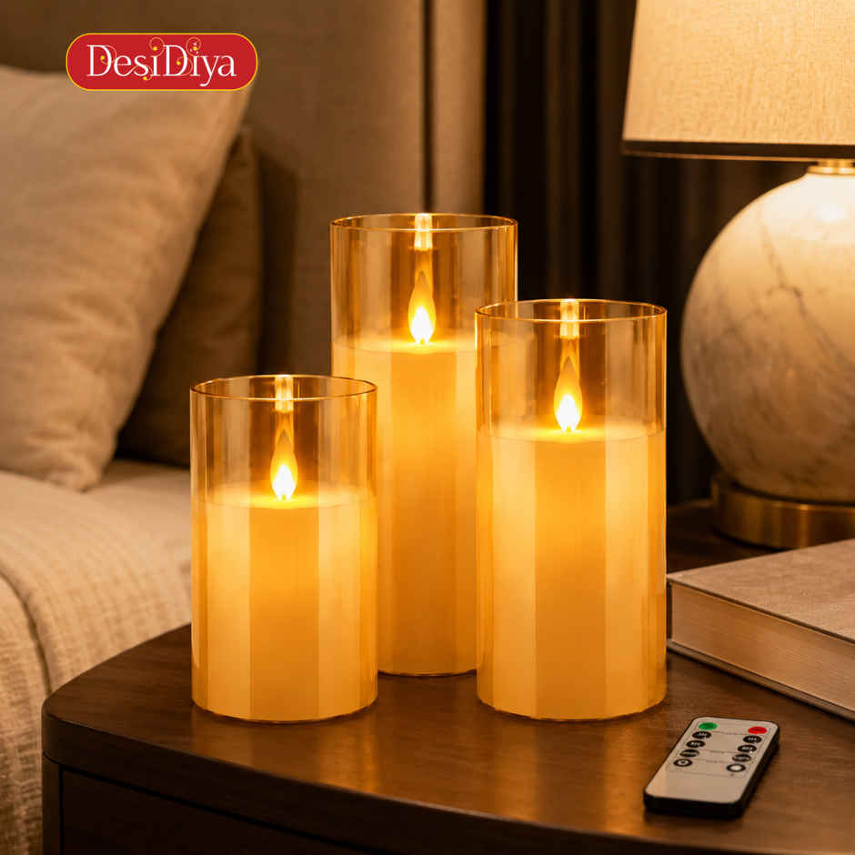 DesiDiya Flameless LED Candles Set of 3 Remote Control Acrylic Glass Candle Flickering Flame