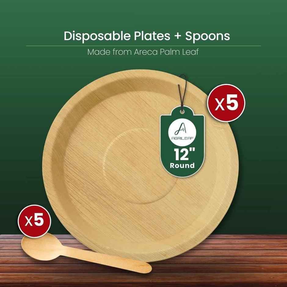 AGRILEAF 12 Inch Disposable Plates | Round Areca Palm Leaf | 5 Plates + 5 Spoons