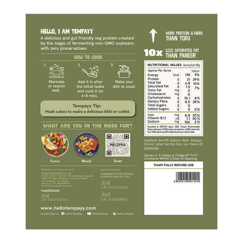 Hello Tempayy 38g Protein Tempeh Cubes - Low Fat & High Fibre Combo
