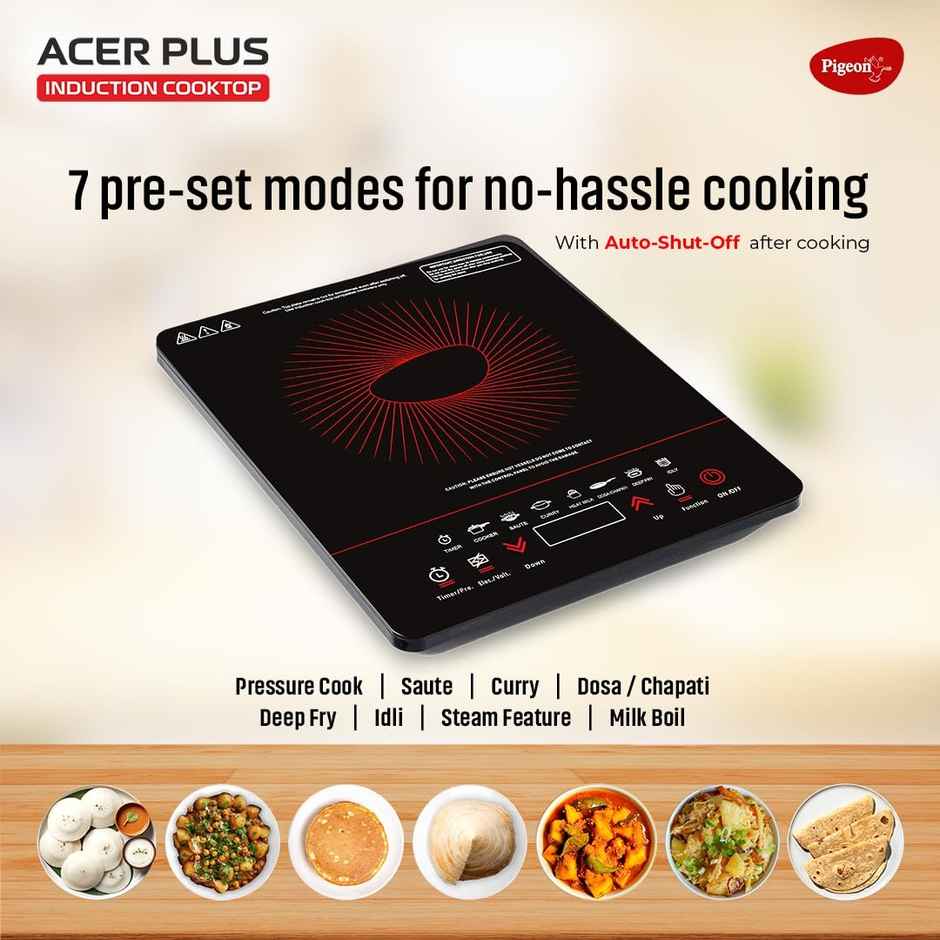 Pigeon By Stovekraft 14429 Acer Plus 1800 Watt Induction Cooktop with Feather Touch Control, Induction Stove comes with 8 Preset Menus and Auto-Shut Off features - Black