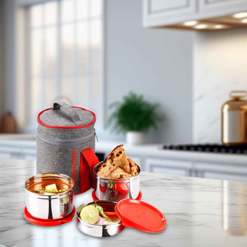 Oliveware Star Lunch Box, 3 Stainless Steel and Leak Proof - Red