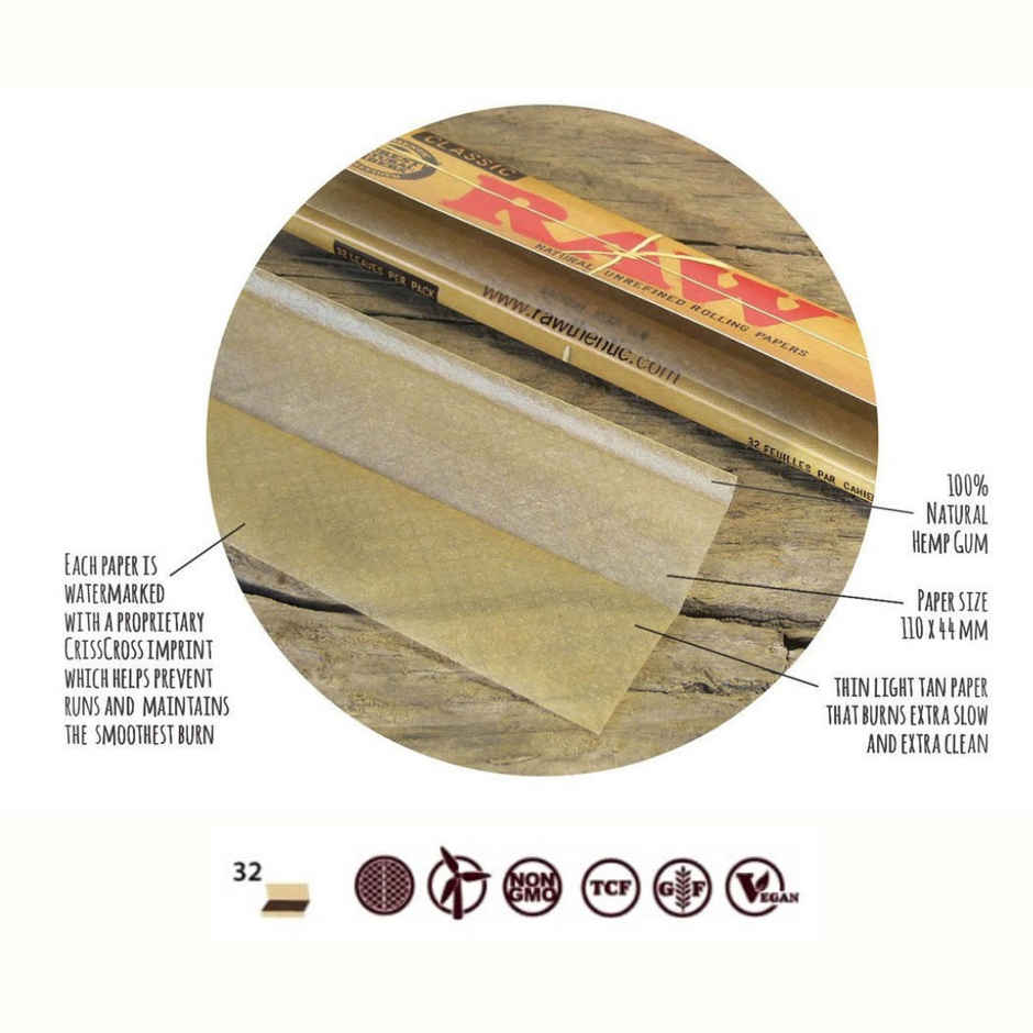 Raw Classic Rolling Paper King Size Slim - 32 Leaves/Pack Combo