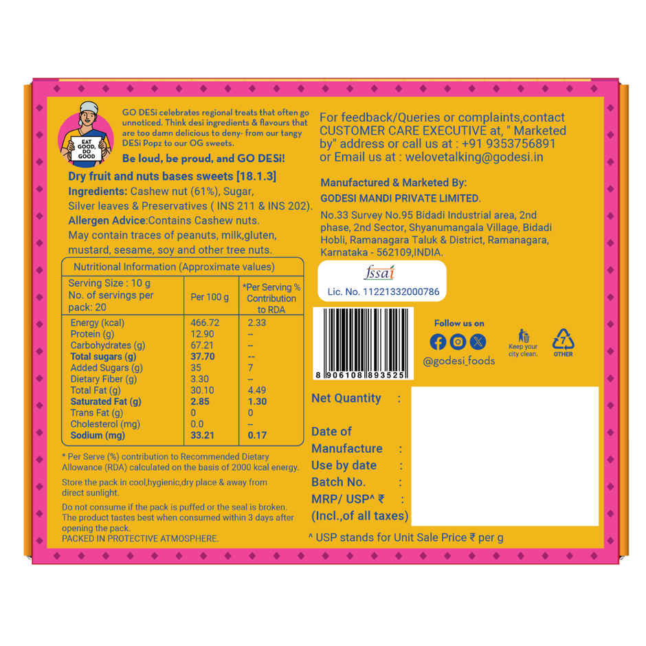 Premium Kaju Katli, 61% Cashew | Burfi | Kaju Katri | Sweets By Go Desi (180g) & Coconut Laddu | Ladoo | Sweets By Go Desi (200g) Combo