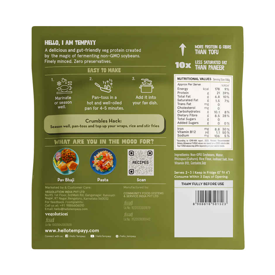 Hello Tempayy 42g Protein Tempeh Crumbles | Low Fat & High Fibre