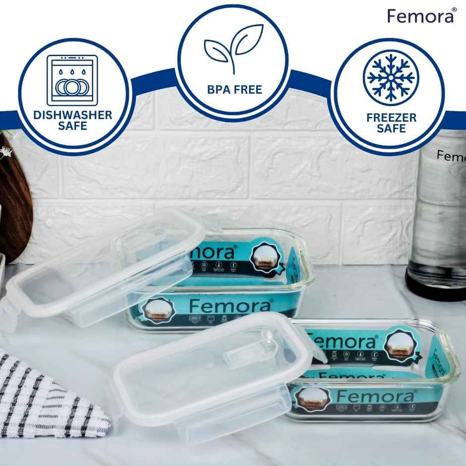 Femora Borosilicate Rectangularglass Food Storage Container With Air Vent Lid- 620Ml - Blue