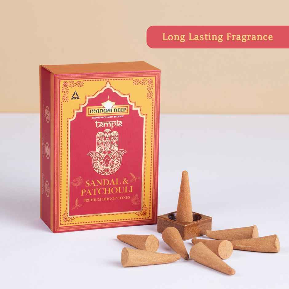 Temple Premium Bambooless Dhoop Cones | Sandalwood and Patchouli Fragrance | Mangaldeep