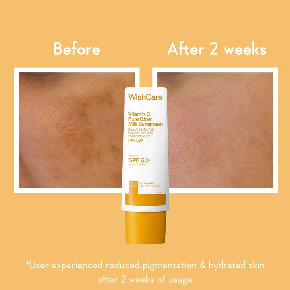 WishCare Vitamin C Pure Glow Milk Sunscreen SPF 50 PA++++ In-Vivo Tested | No White Cast