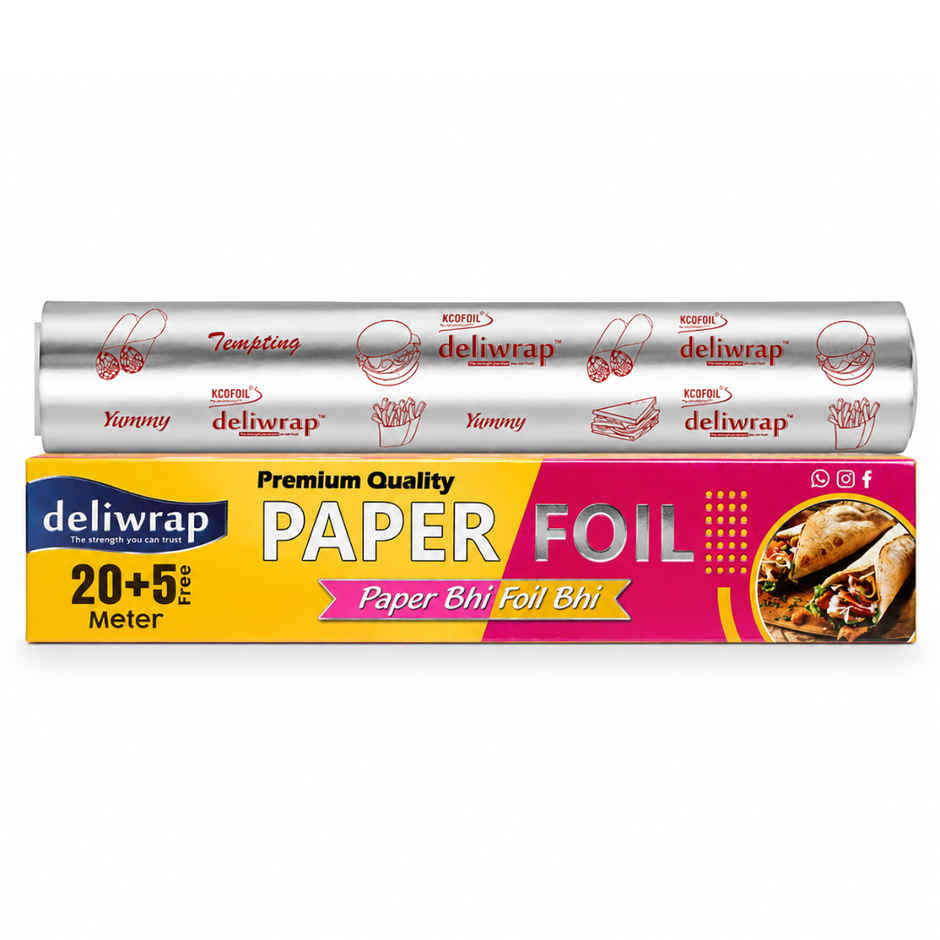 Deliwrap 2-in-1 Paper & Aluminium Foil Roll | 20+5 m | Greaseproof | Heat Retention | Food Wrap