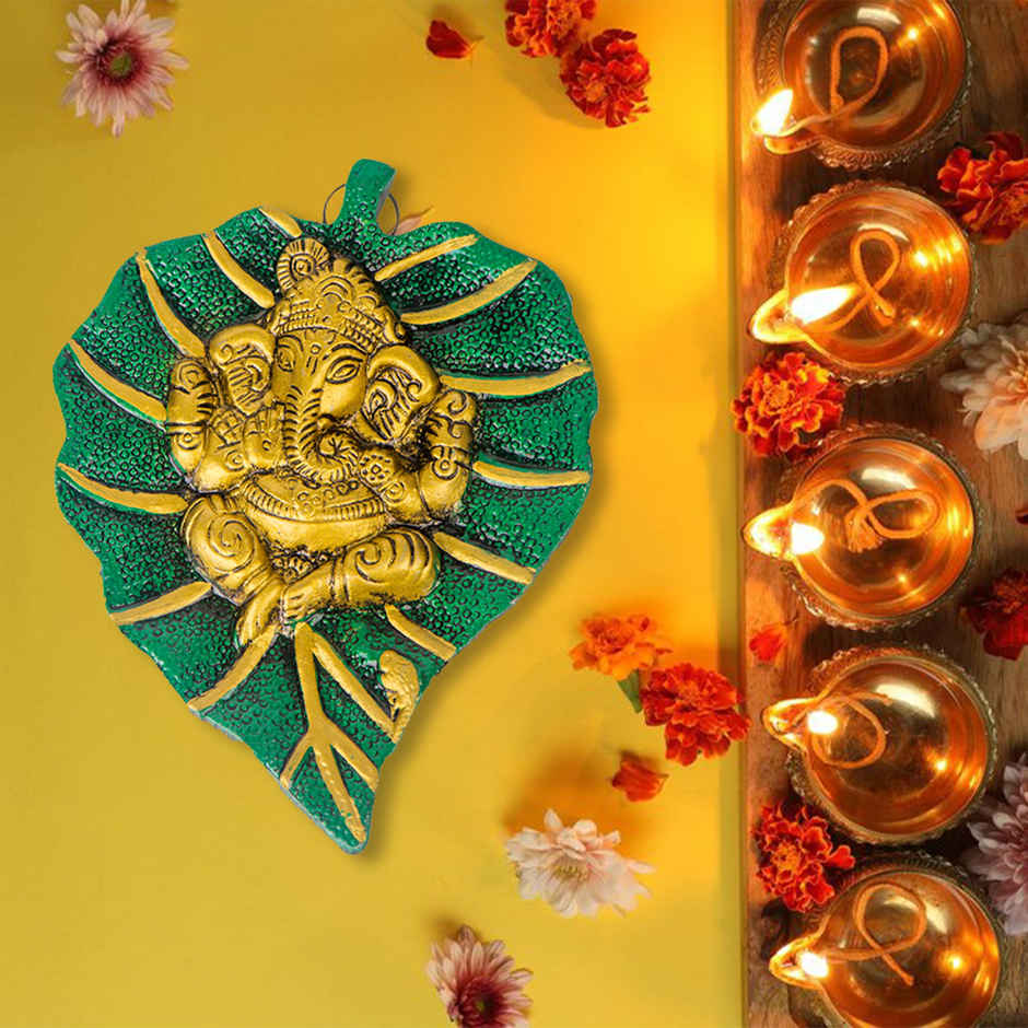 Ganesh Ji on Green Leaf Wall Hanging in Gold Polish Small Size | Devnidhi