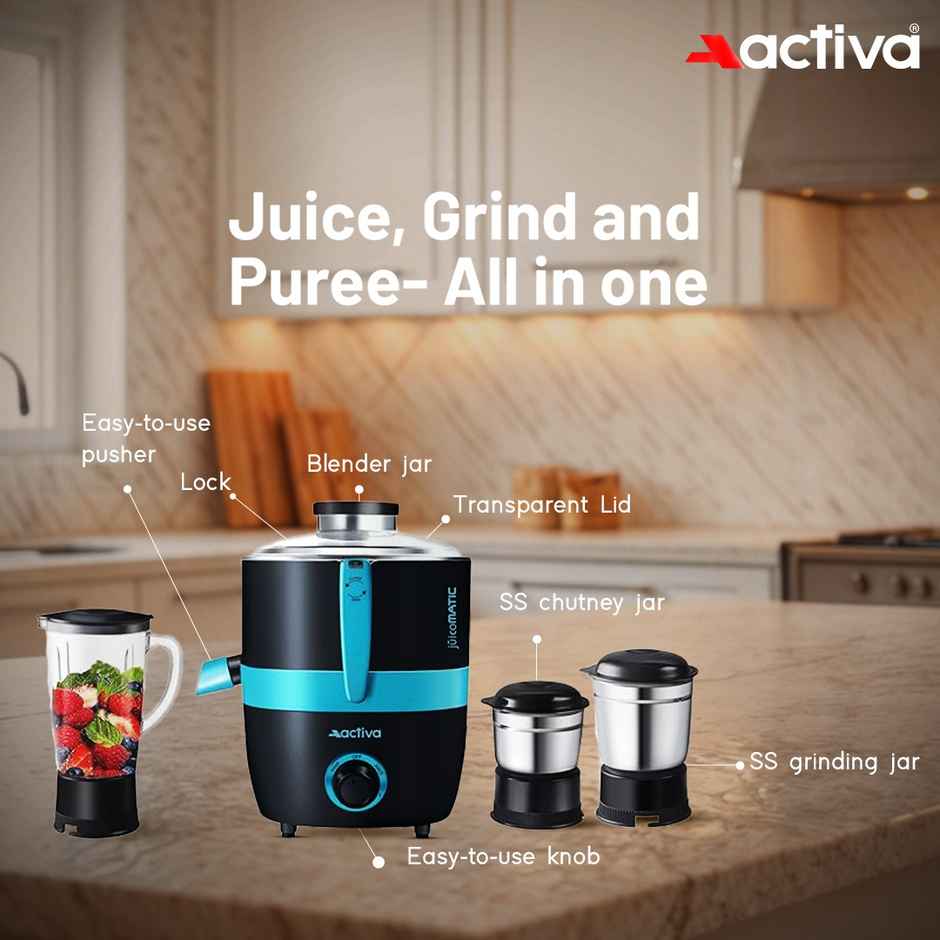 Activa Juicomatic Powerful 600 Watt Juicer Mixer Grinder,3 Jar, 600 Watts - Black