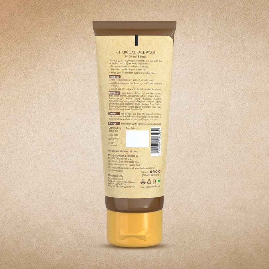 Khadi Essentials Activated Charcoal Face Wash for Oily Skin, Detox & Pollution with Aloe Vera