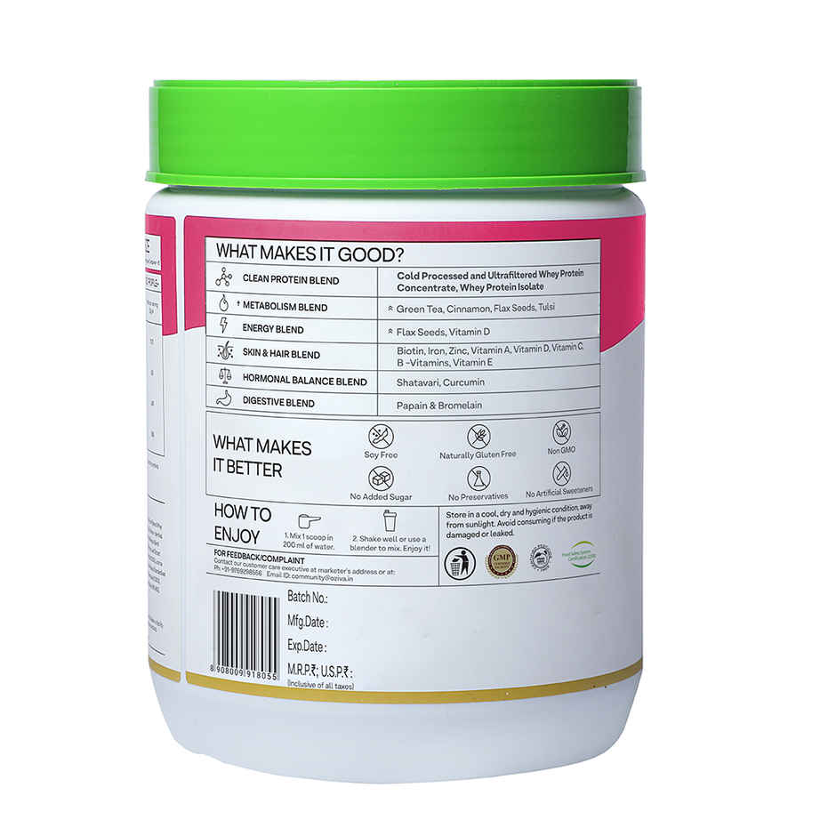 Oziva Whey Protein Powder with Herbs for Women |23g Protein|5.5g BCAA | Vanilla Almond