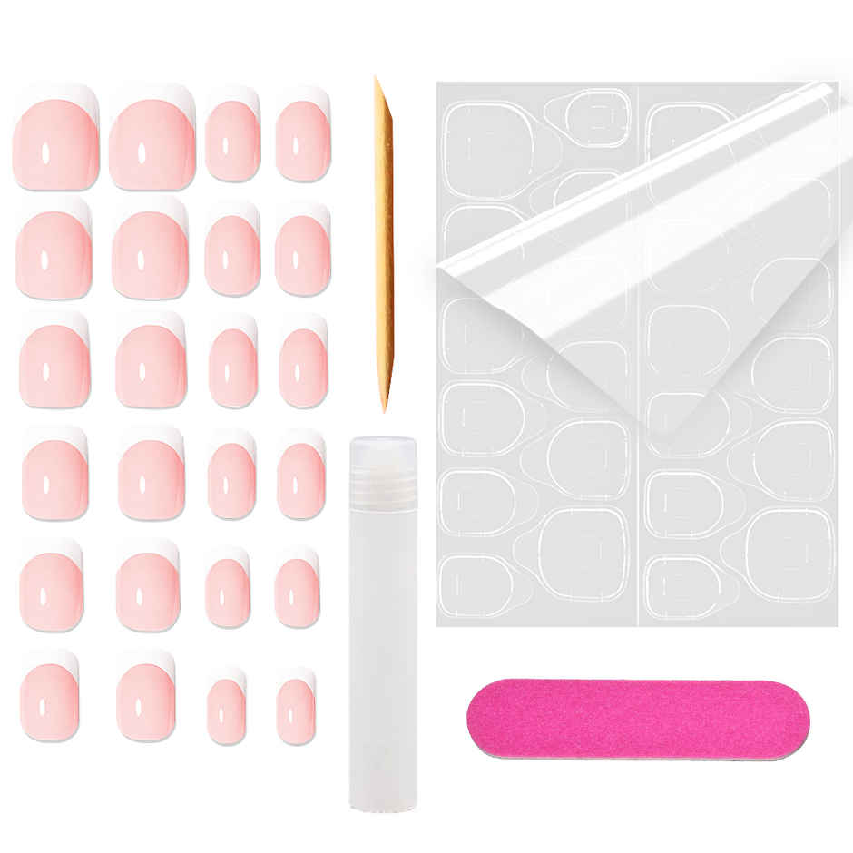 Multibrite Artificial Fake Nails Extension | Square French Press-On Nails | with Adhesive Tabs