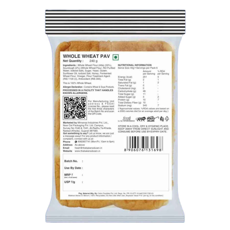The Baker's Dozen Zero Maida Pav Whole Wheat | Atta Bombay Pav | Gut Friendly | Clean Label