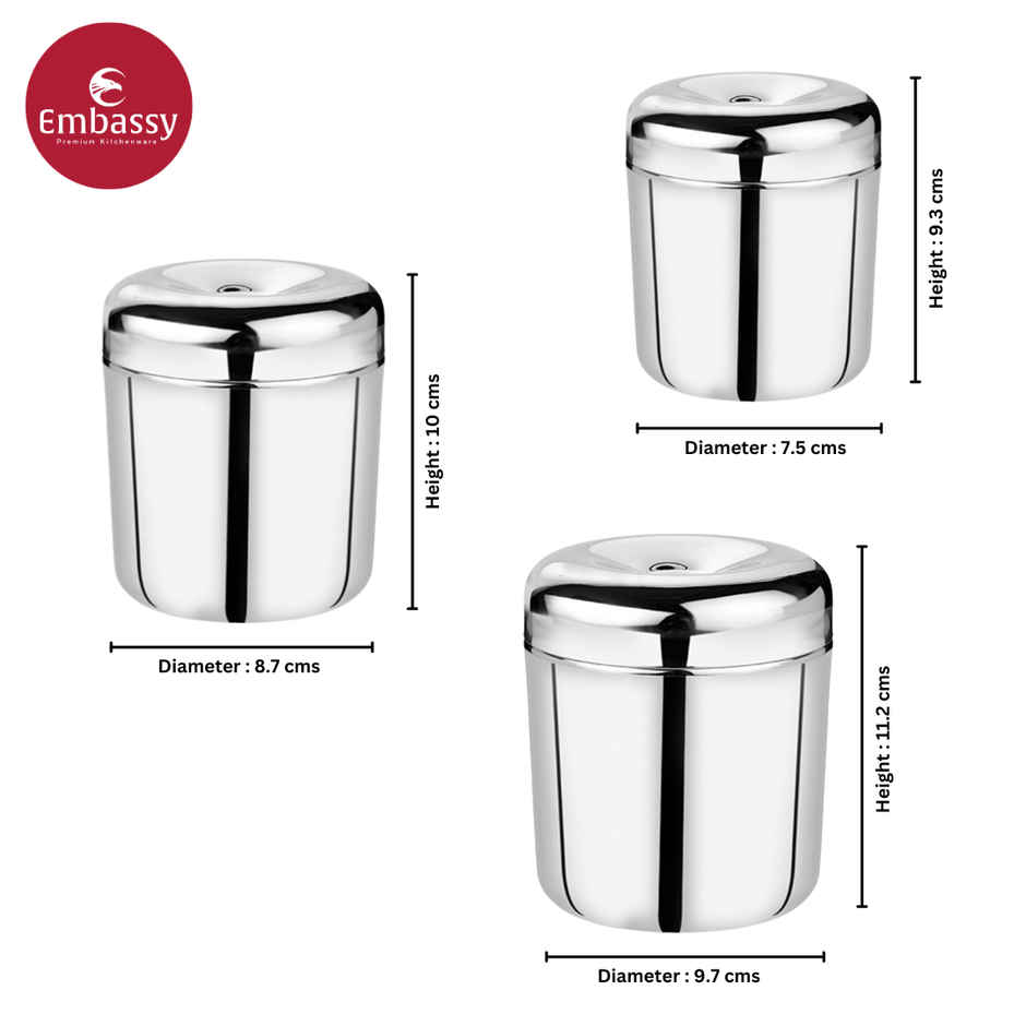 Embassy Premium Canister Set / Storage Containers / Dabba, 3 Sizes (325,500,650 Ml) Stainless Steel