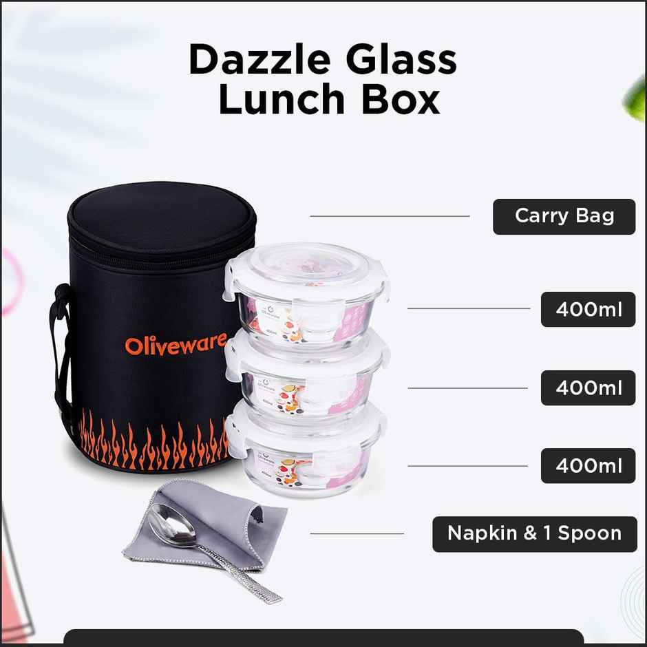 Oliveware Dazzle Glassware Round Lunchbox Microwave Proof - Black Orange