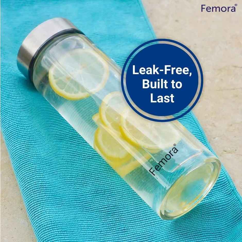 Femora Borosilicate Glass Bottle with Steel Lid Finish | Transparent | 1 L