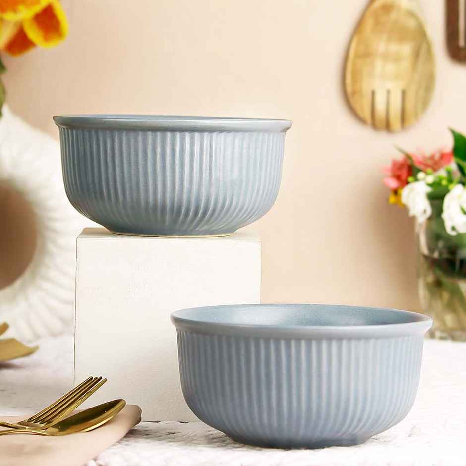 The Earth Store Grey Fringe 2Pc Ceramic Bowl Gift Set, 500 ml Each Microwave Safe, Snack Serving
