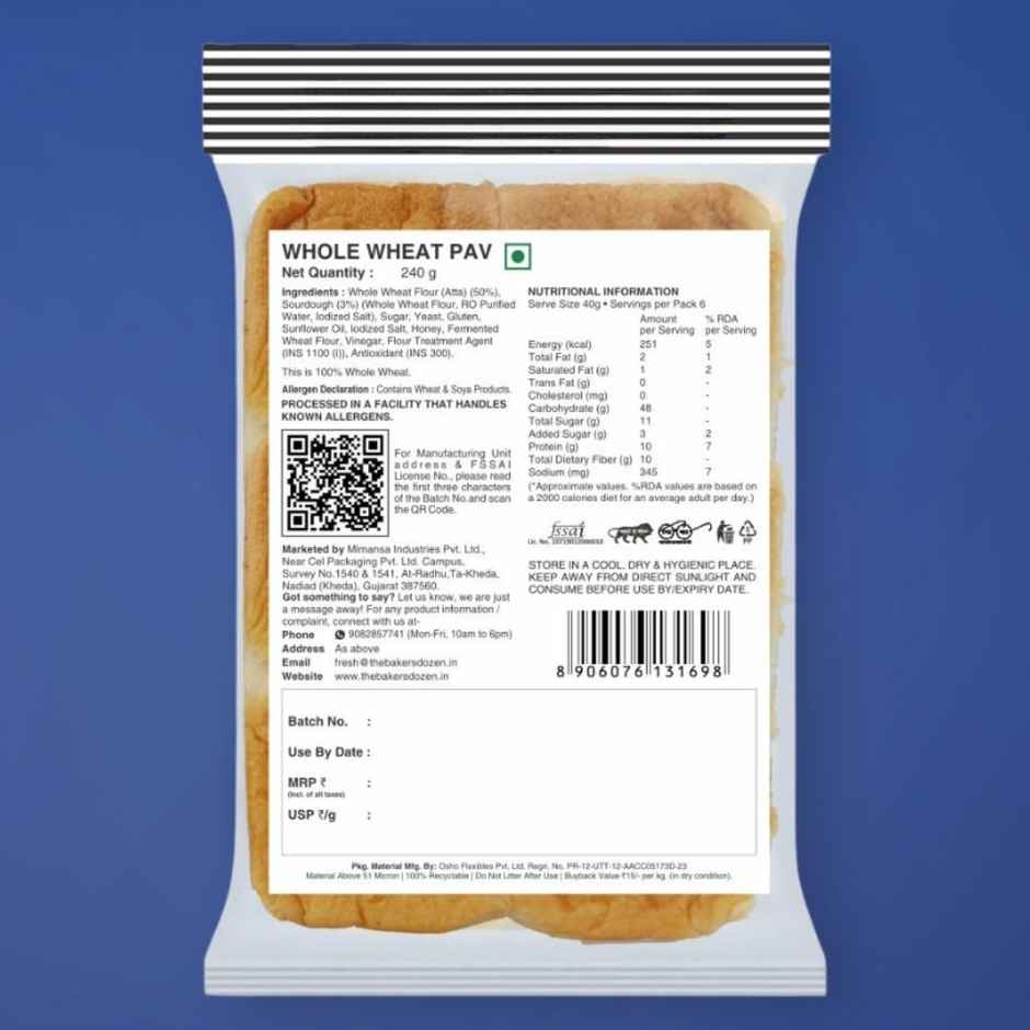 The Baker's Dozen Zero Maida Pav Whole Wheat | Atta Bombay Pav | Gut Friendly | Clean Label