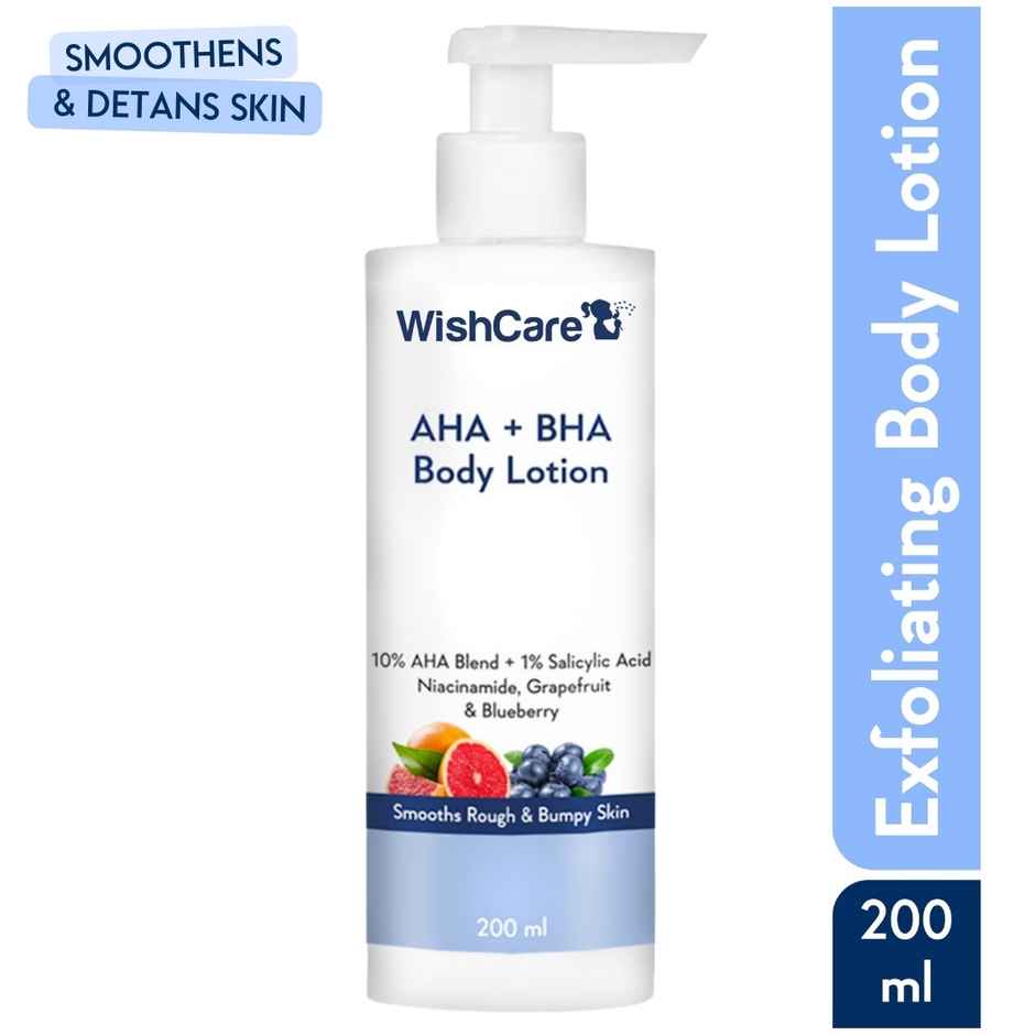 Wishcare Spf50 Niacinamide Sunscreen Body Lotion With No White Cast (200g) & Wishcare 10% Aha + 1% Bha Body Lotion With Niacinamide - Smooths Rough  Bumpy Skin (200g) Combo