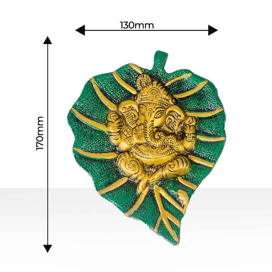 Ganesh Ji on Green Leaf Wall Hanging in Gold Polish Small Size | Devnidhi