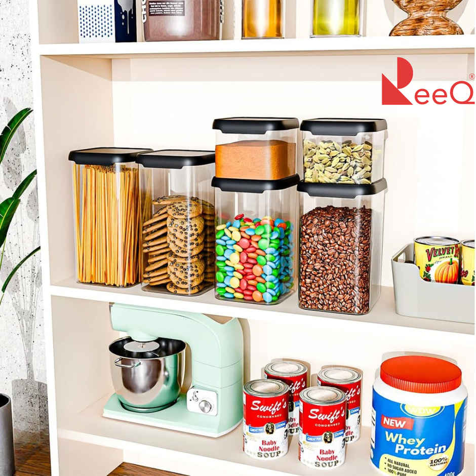 ReeQ Airtight Food Storage Containers Square Jars | Black Lid - 500 ml