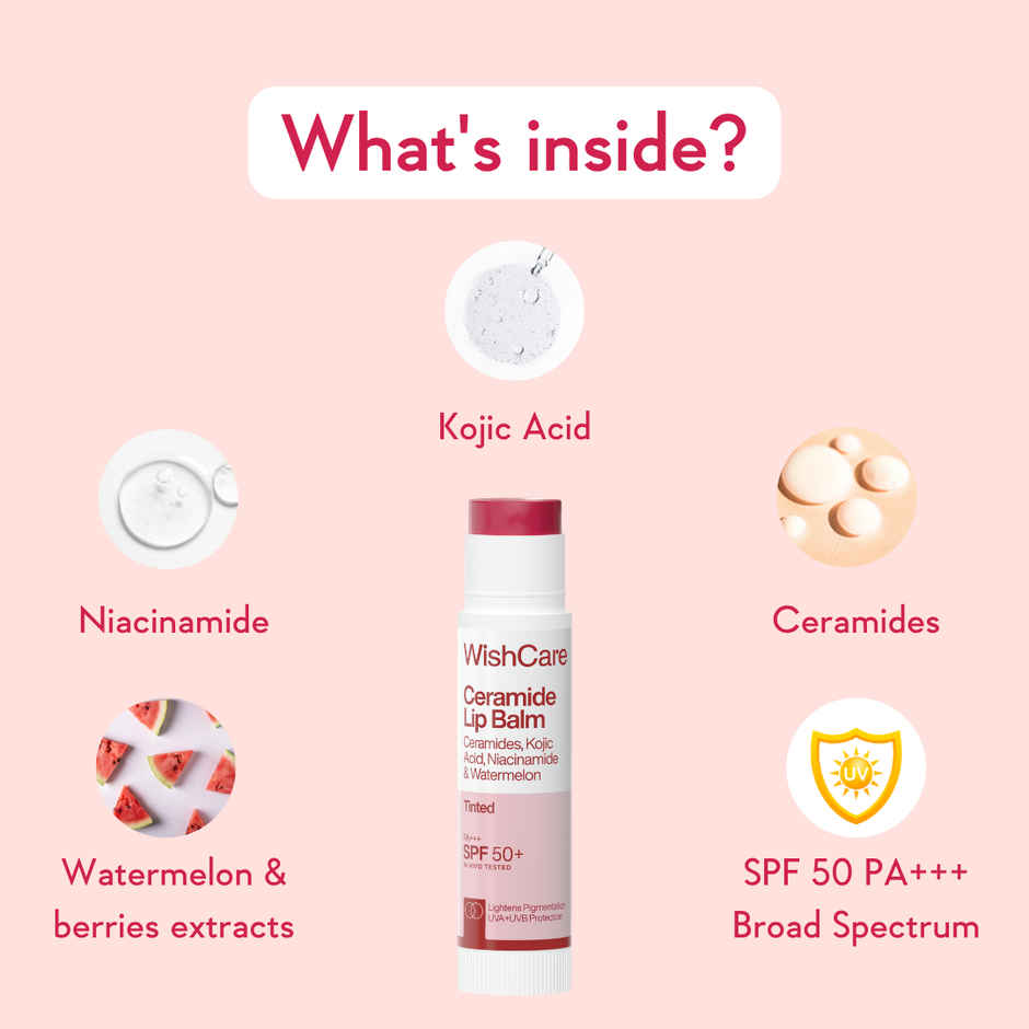 WishCare Tinted Ceramide Lip Balm SPF 50 PA+++ | Niacinamide & Kojic Acid | Protects & Moisturizes