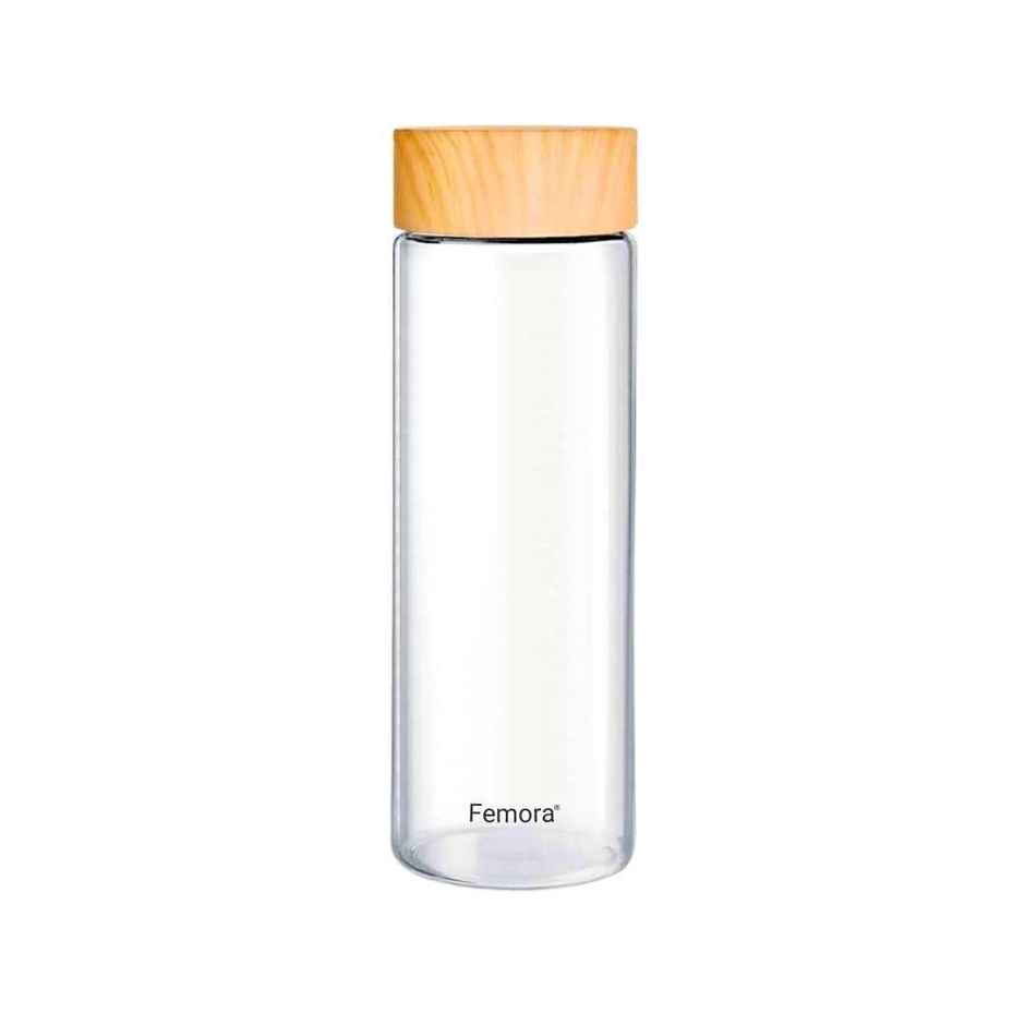 Femora Borosilicate Glass Bottle With Wooden Lid Finish | Transparent | 750 ml