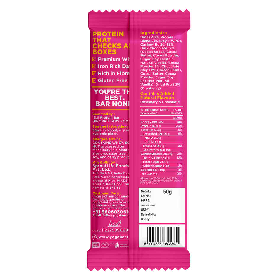 Yogabar 10 Grams Protein Bars | Chocolate Chip And Cranberry | Protein Blend And Premium Whey