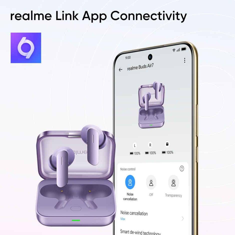 Realme Ear Buds Air 7 | 12.4mm Bass, 52H Playtime, 52dB ANC, 6 Mic ENC, Low Latency | Lavender