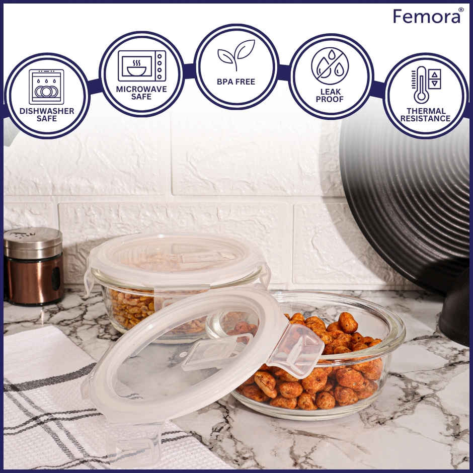 Femora Borosilicate Round Glass Food Storage Container With Air Vent Lid -580 ml