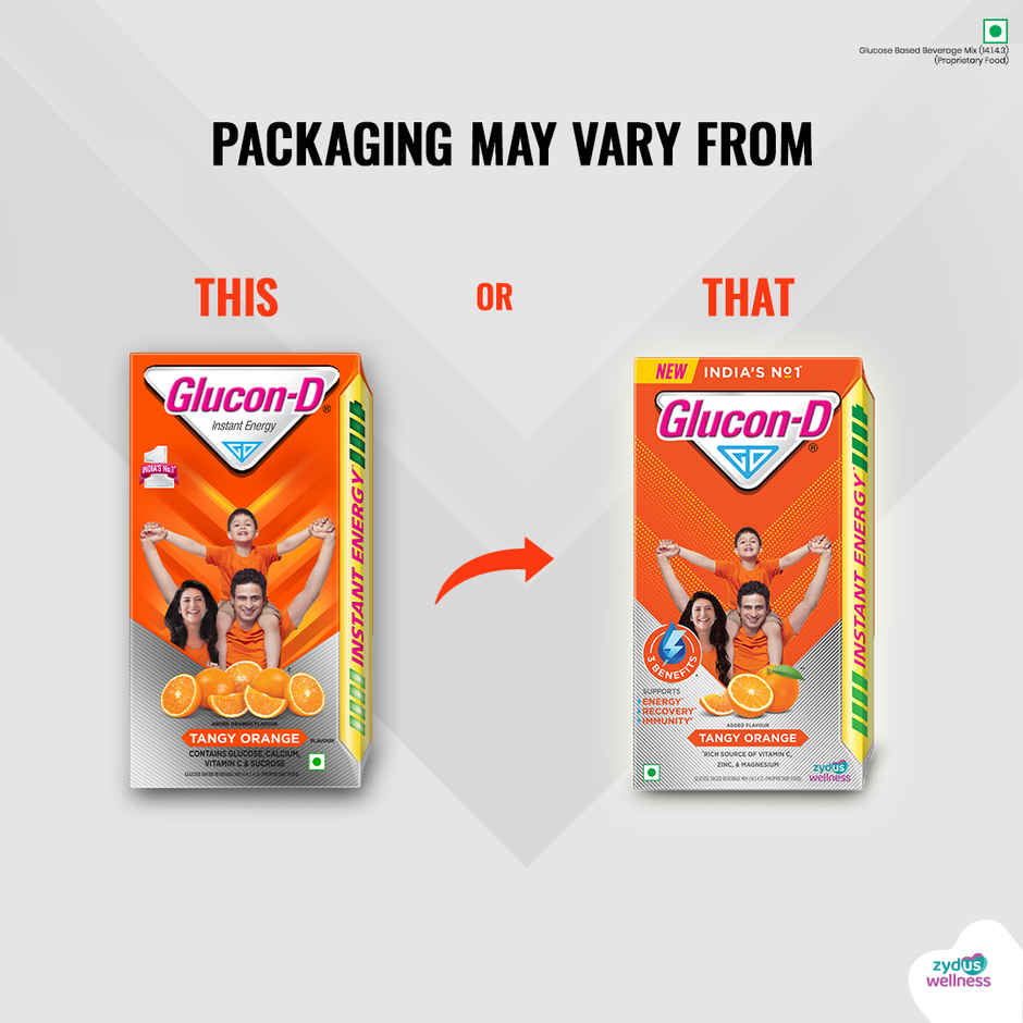 Glucon-D Tangy Orange with 3 Benefits of Energy, Recovery, and Immunity (Get 250 g Pack Free)