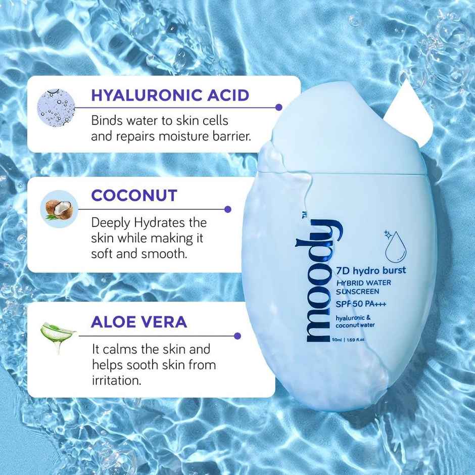 Moody 7D Hydro Burst Hybrid Water Sunscreen SPF 50 Pa +++, Hyaluronic & Coconut Water (50 Ml)