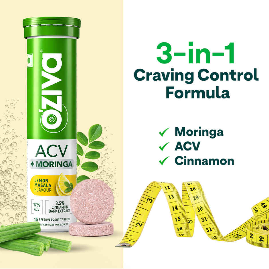 Oziva Apple Cider Vinegar with Moringa Tablets for Weight Management & Craving Control|Lemon Masala