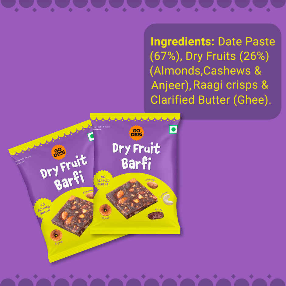 Dry Fruit Barfi, 6 Pcs | No Added Refined Sugar | Single Packs | Burfi | Sweets | By Go Desi