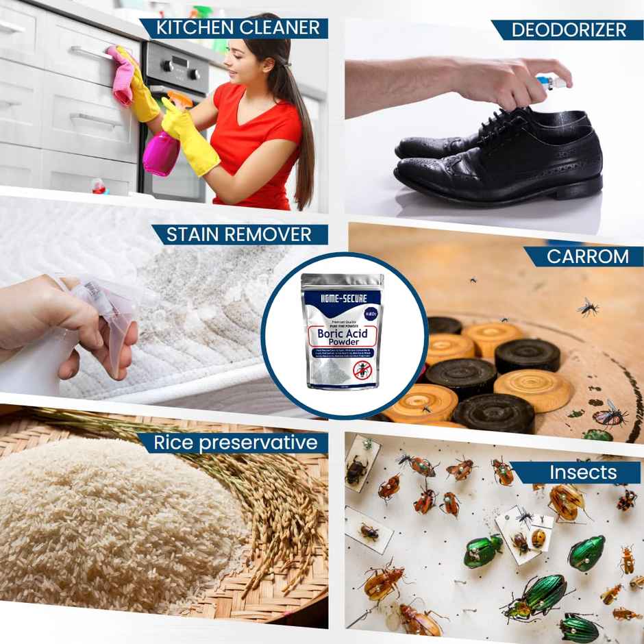 Home-Secure Boric Acid Powder | Eliminates Cockroaches & Insects, Carrom Board Use, Raw Rice Preservative