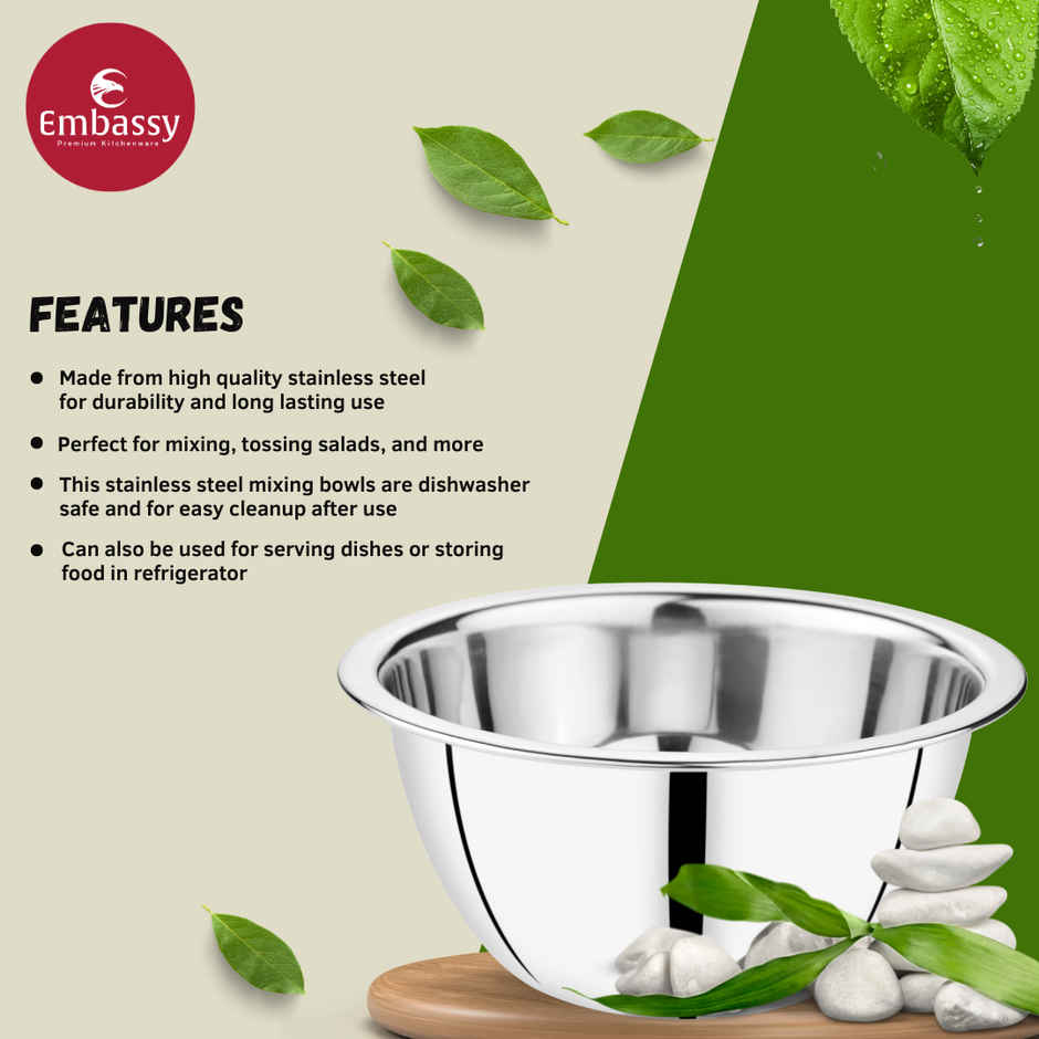 Embassy Premium Mixing Bowl / Multipurpose Bowl, 2000 Ml (Size 2), Stainless Steel