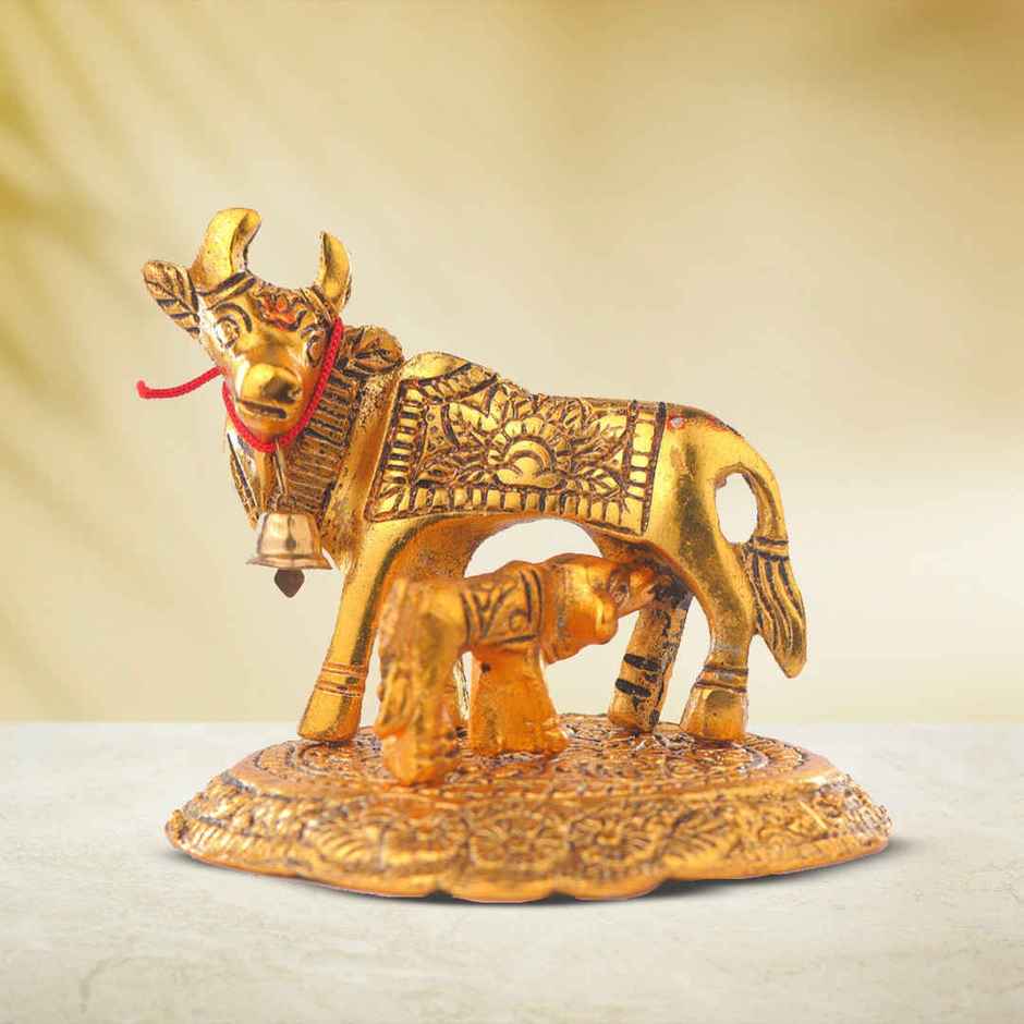 Kamdhenu Maa Gold Polish Idol Small Size Design 2 | Devnidhi