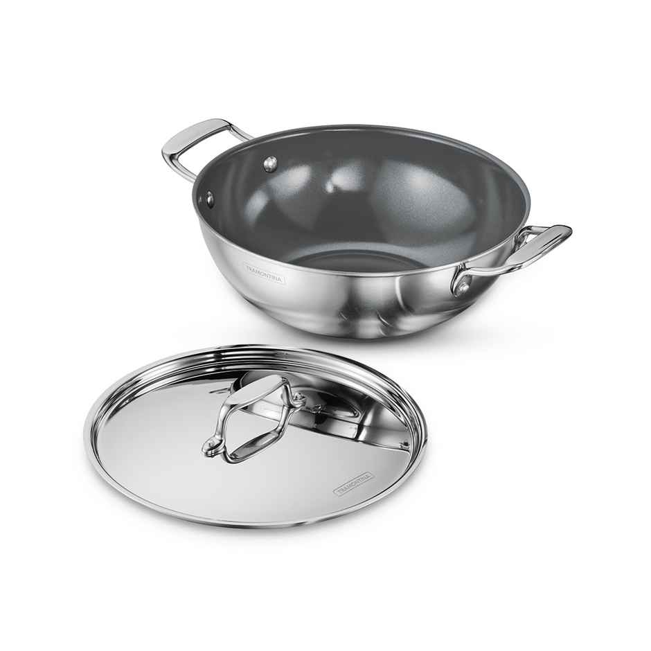 Tramontina Fusao Triply Ceramic Kadai | 26 cm | Stainless Steel Lid | Induction Compatible