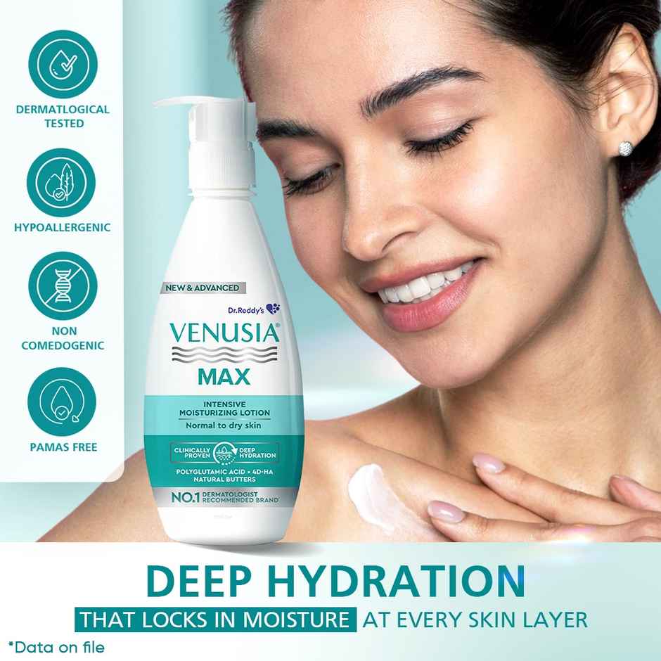 Venusia Max Intensive Moisturizing Lotion with 4D Hyaluronic+Polyglutamic Acid | Normal to Dry Skin