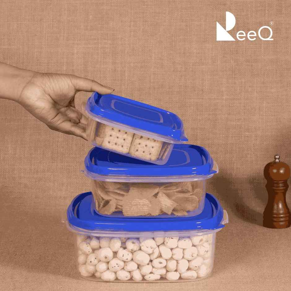 ReeQ Airtight Storage Container Set | Blue Lid - 2.4 L, 1.6 L & 800 ml