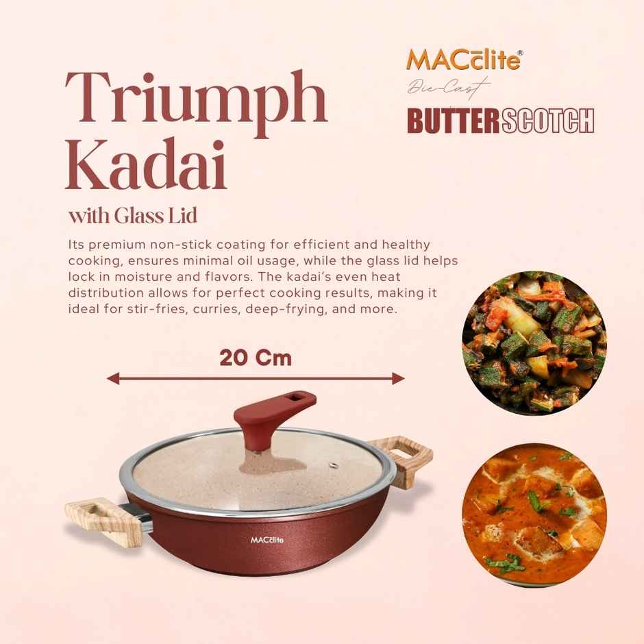 Macclite Non-Stick PDC Granite+ Induction Base Butter Scotch Triumph Kadai 20 cm With Glass Lid