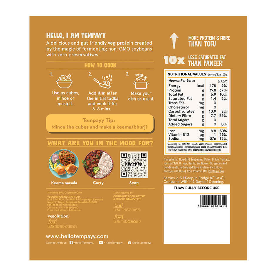 Hello Tempayy 40g Protein Masala Tempeh Cubes |Low Fat & High Fibre