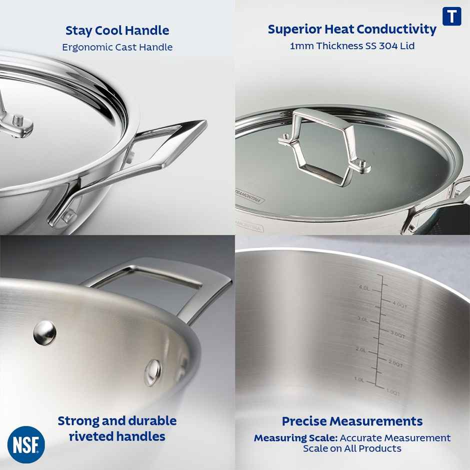 Tramontina Aeion Triply Kadai | 26 cm | Stainless Steel Lid | Induction Compatible