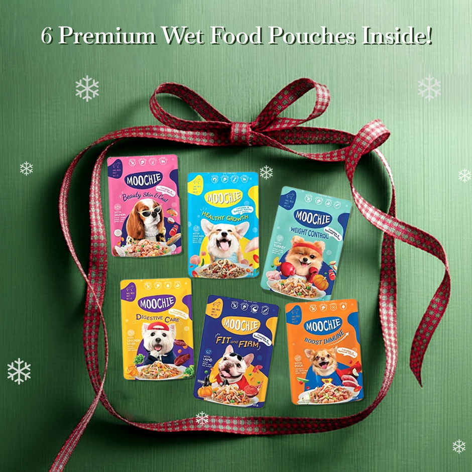 Moochie Dog Wet Food Christmas Hamper | 6 Assorted Flavours | Premium Variety Pack |Festive Gift Box