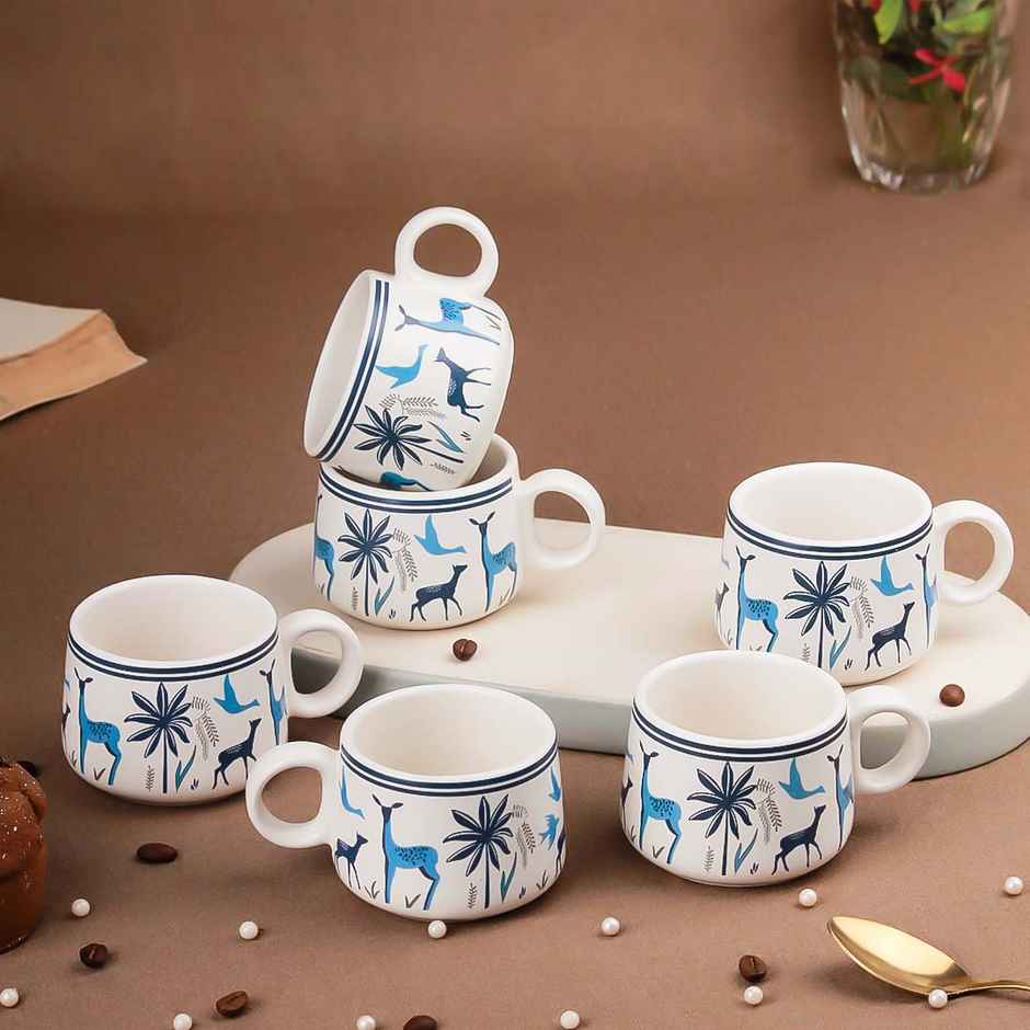 The Earth Store Stag Blue Ceramic Tea Cups | 150 ml Microwave Safe Coffee Cup